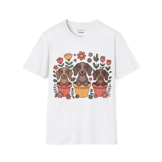 Cute Dachshund Flower Pot Unisex T-Shirt, Dog Lover Gift, Spring Fashion, Cute Animal Tee, Gardening, Pet Parenthood, Floral Design