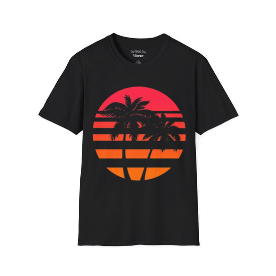 Retro Sunset Palm Trees Unisex Softstyle T-Shirt, Summer Vibes Tee, Beach Theme Shirt, Vacation Outfit, Gift for Travelers
